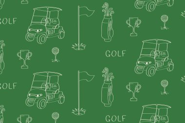 Golf arabasının, kupaların, sopaların, topların ve bayrakların el çizimi yeşil arka planda olduğu çok yönlü bir golf tasarımı. Paketleme, spor giyim veya olay grafikleri için uygundur.