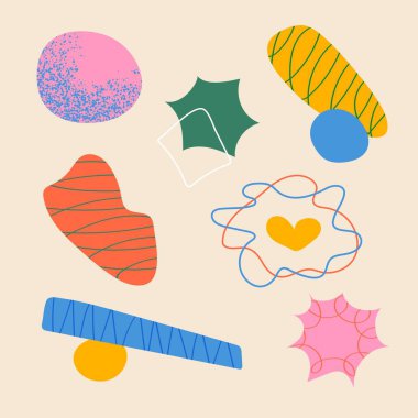 Sosyal medya paylaşımları için kalp ve şakacı şekillere sahip modaya uygun geometrik elementler etiketler, markalaşma ağı ve ambalaj projeleri