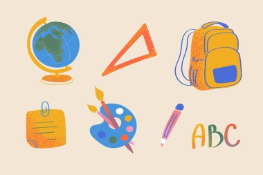 Sınıf projeleri, eğitim medyası ve çocuk temalı illüstrasyonlar için ayrı sırt çantası, dünya, kalem paleti ve ABC ile renkli okul malzemeleri