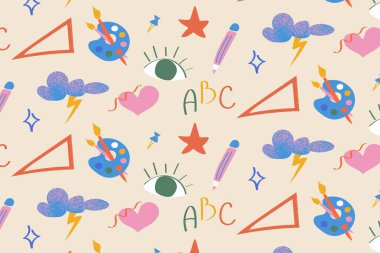 Yaratıcı Okula Dönüş şablonu soyut eğitim simgeleriyle donatılmış bulutlar, gözler, şimşekler, ABC ve yıldızlardan oluşan bir palet. Okul malzemeleri ve çocuk ürünleri için mükemmel..