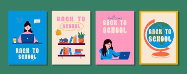 Modern düz stil içinde kızlar, kitaplar, küreler ve karatahta unsurları olan renkli afişler. Öğrenci terfileri ve eğitim kampanyaları için mükemmel..