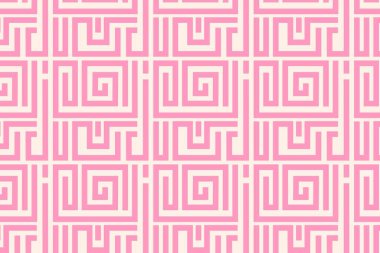  Geometrik kare çizgileri olan pembe labirent deseni. Moda, ambalaj ve tasarım için modern soyut labirent arka planı