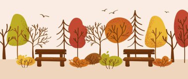 Park Bankları ve Renkli Ağaçlarla Yatay Sonbahar Sınırı. Çizgi film ağaçları, banklar ve çalılarla kusursuz bir sonbahar sınırı. Pankartlar, başlıklar ve dekoratif ağ ögeleri için tasarlandı.
