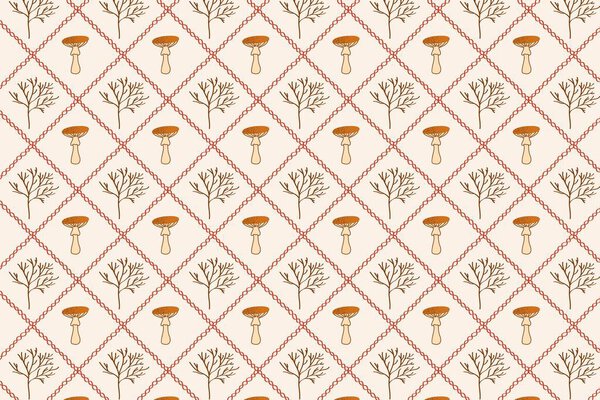 Mushrooms and Forest Branches Diamond Pattern Cozy Seamless Design for Kitchen Textiles and Paper Goods. A cozy fall pattern with mushrooms and branches arranged in soft diamond grid. Ideal for kitche