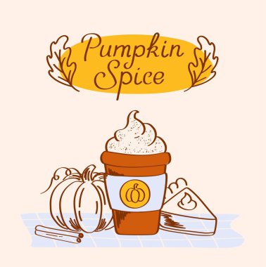 Kabak aromalı grafik vektör çizimi. Balkabağı, balkabağı latte, fincanda kahve. Hoş bir sonbahar, sonbahar balkabağı, kahve fincanı, yapraklar, kahve çekirdekleri, fındık, meşe palamudu..