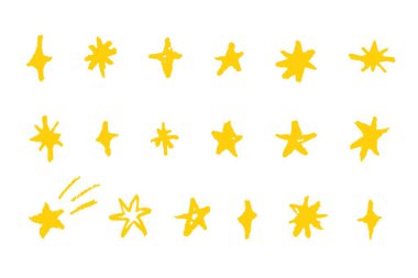 Tebeşirle çizilmiş yıldız simgeleri. Dokuma efektli gökyüzü elementlerini karala. Çocuk resimleri ve süslemeleri için sevimli parlak yıldız koleksiyonu. Elle çizilmiş parlayan yıldız koleksiyonu