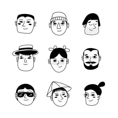 Cartoon doodle avatars. Hand drawn people portraits and funny faces vector illustration isolated on white