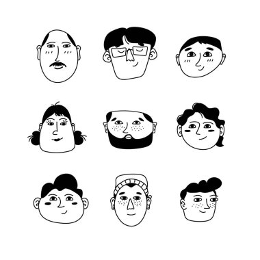 Dokuz oyuncu el çizimi karalama, minimalist çizgi sanatında tuhaf karakter portreleriyle karşılaşıyor