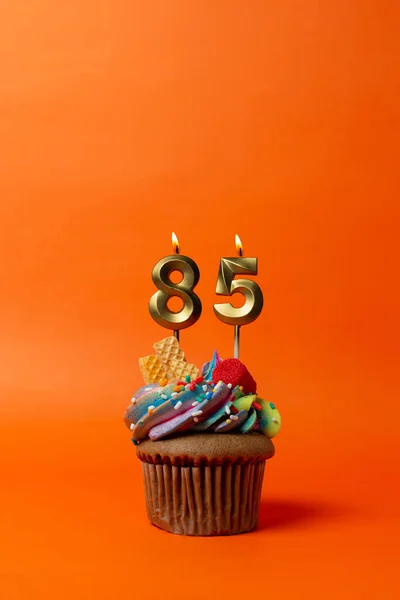 Birthday Cake Number Cupcake Orange Background Birthday Candles — Stock Photo, Image