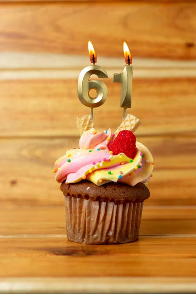 Golden Birthday Candle Wooden Background Birthday Cupcake Numbered Candle — Stock Photo, Image