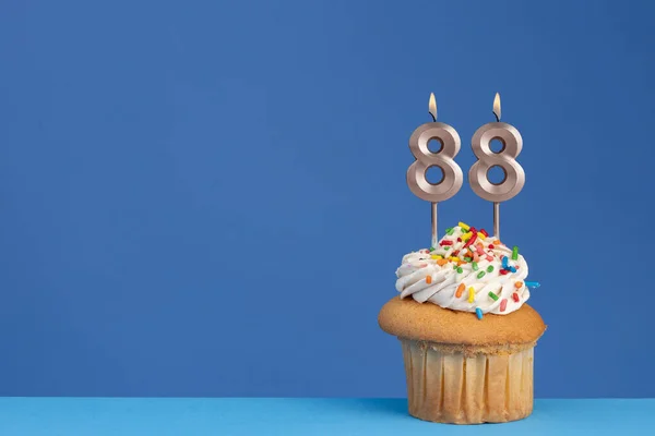 Születésnapi Cupcake Kék Háttér Rózsaszín Születésnapi Gyertya Száma — Stock Fotó