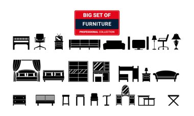 Mobilya düz çizgi simgeleri ayarlandı. Mutfak, yatak odası, kanepe masası, kitaplık dolabı, sandalye, yatak, lambalar, merdiven vektör çizimleri. Evin iç kısmının ana hatları, düzenlenebilir felç..