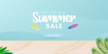 Tropikal yapraklar ve indirimli metinlerle moda parlak renklerde yaratıcı yaz indirimi afişi. Sezon tanıtımı illüstrasyonu.