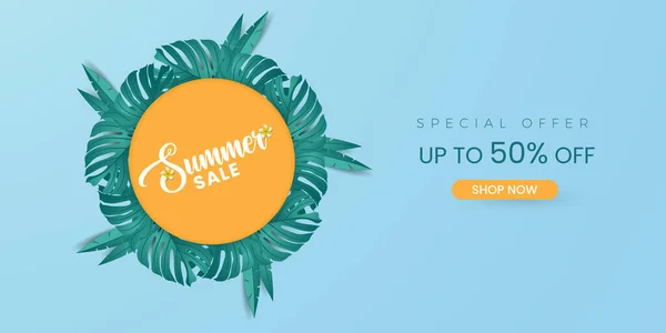 Stock vector Creative summer sale banner in trendy bright colors with tropical leaves and discount text. Season promotion illustration.
