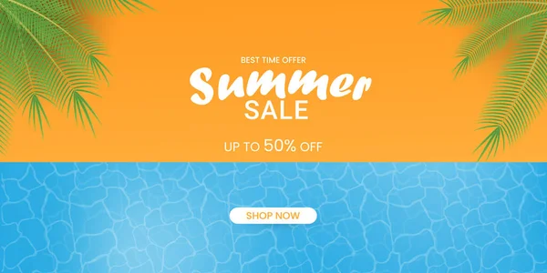 stock vector Creative summer sale banner in trendy bright colors with tropical leaves and discount text. Season promotion illustration.