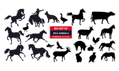 Köpekli ve diğer hayvanlı siyah at siluetleri. vektör illüstrasyonu