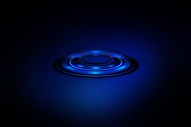 Neon ışıklar ve flaşın güzel renkli ışık efekti. Uçan tasarım elementlerine sahip arka plan. Mavi arkaplan