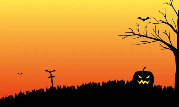 Balkabağı Ağaç Siluetiyle Cadılar Bayramı Arkaplan Çizimi Cadılar Bayramı Arkaplanı — Stok Vektör