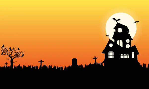 Halloween Fundo Com Casa Morcegos Lua Cemitério —  Vetores de Stock