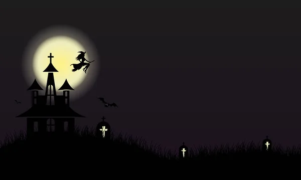 Halloween Pozadí Hradem Hřbitov Hřbitov Měsíc Stromy Netopýři Vektorová Ilustrace — Stockový vektor