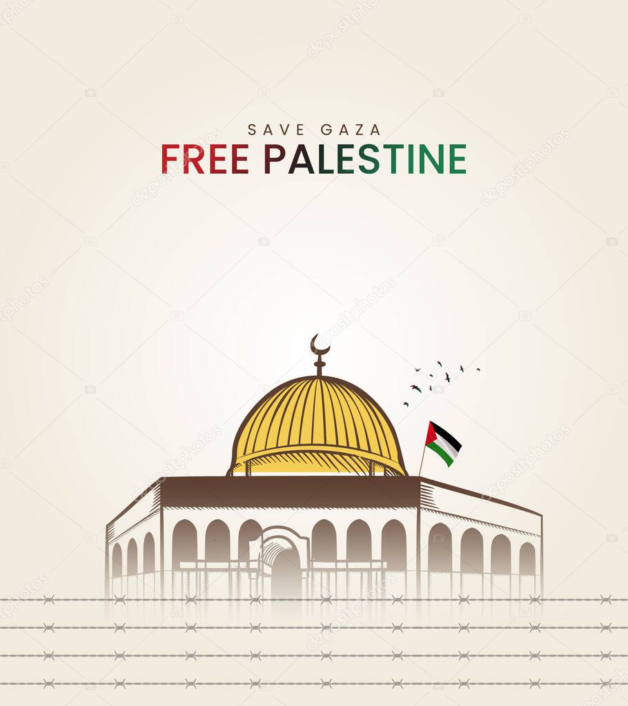 Free Palestine. Palestine Flag whit Al-Aqsa Mosque design for banner,social media,poster 3D Illustration