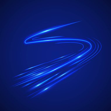 Neon ışıklar ve flaşın güzel renkli ışık efekti. Uçan tasarım elementlerine sahip arka plan. Mavi arkaplan