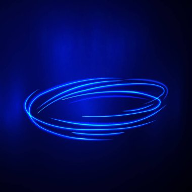 Neon ışıklar ve flaşın güzel renkli ışık efekti. Uçan tasarım elementlerine sahip arka plan. Mavi arkaplan