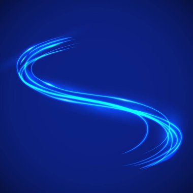 Neon ışıklar ve flaşın güzel renkli ışık efekti. Uçan tasarım elementlerine sahip arka plan. Mavi arkaplan