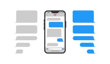 Diyalog pencere akıllı telefon simgesi ile Sohbet Arayüzü Uygulaması. Bubble Messege ve telefon çizim sembolü. İleti vektörünü düz imzala.
