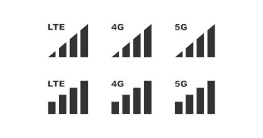 Sinyal mobil simgesi seti. Gsm seviyesi LTE, 4G, 5G illüstrasyon sembolü. Akıllı telefon vektörünü düz olarak imzala.