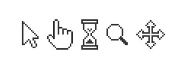 Pixel mouse cursor icon set. Computer window cursor arrow, finger, loading, search, expand vector desing.