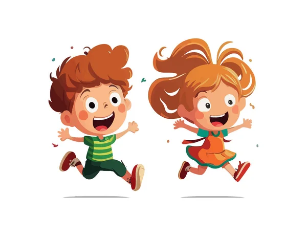 Ευτυχισμένα Χαριτωμένα Παιδιά Αγόρι Και Κορίτσι Άλμα Κινουμένων Σχεδίων Ένα — Διανυσματικό Αρχείο