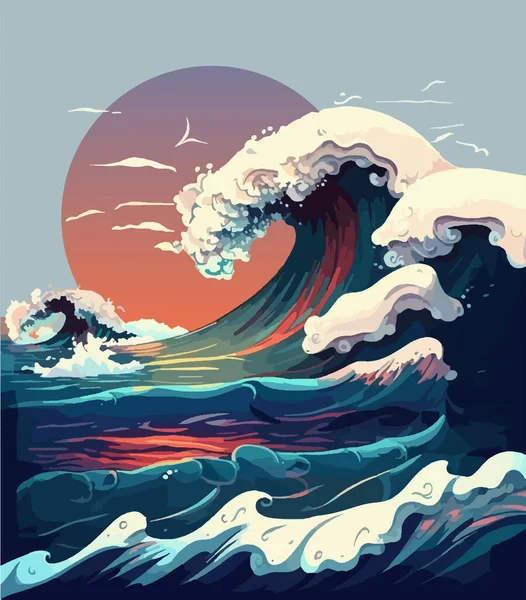 Потужні Пінисті Морські Хвилі Прокатки Ілюстрації Векторні Плоскі — стоковий вектор