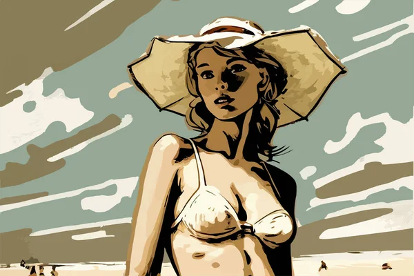 Frau Bikini Mit Sonnenhut Stehend Vektorillustration — Stockvektor