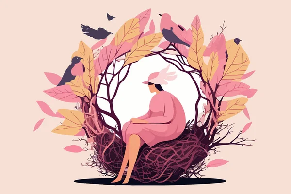 鳥の巣に座っている女 ベクターイラストデザイン — ストックベクタ