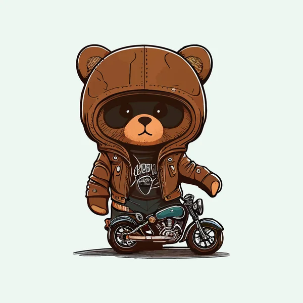 革のジャケットやオートバイでクールなクマ人形 ベクターイラストデザイン — ストックベクタ