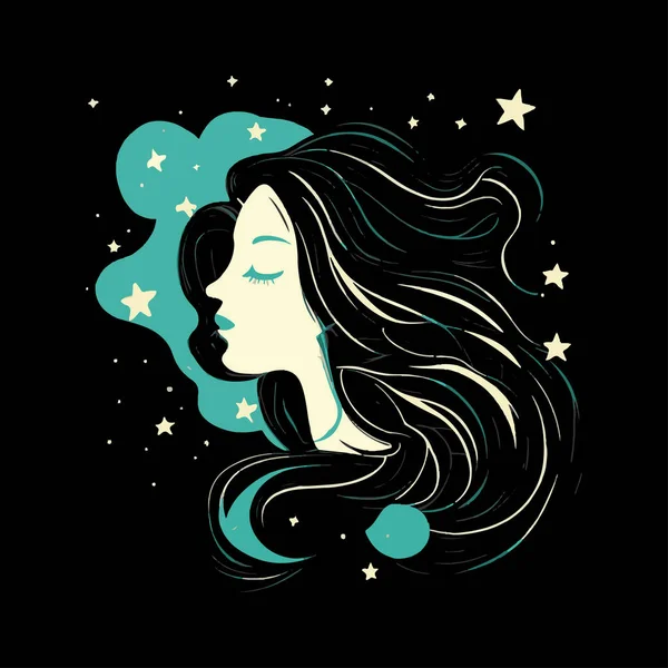 美丽的女人 头发上有星星 矢量图解绘制 — 图库矢量图片