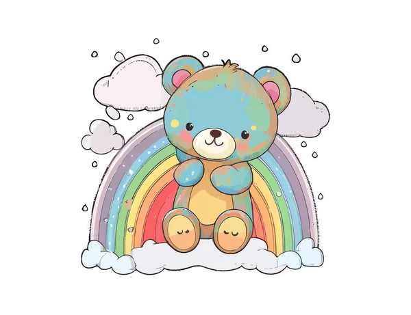 Niedlicher Teddybär Auf Einem Regenbogen Vektorillustration — Stockvektor