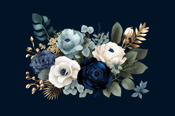 Klassisches Bouquet Aus Blauen Und Weißen Rosa Hortensien Hahnenfuß Vektorillustration — Stockvektor