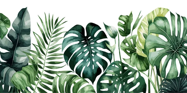 Grüne Tropische Blätter Auf Weißem Hintergrund Aquarell Vektorillustration — Stockvektor