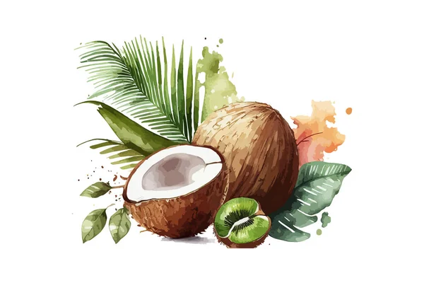 Hand Drawn Watercolor Painting Coconut Kiwi Vector Illustration Desing — Stock Vector