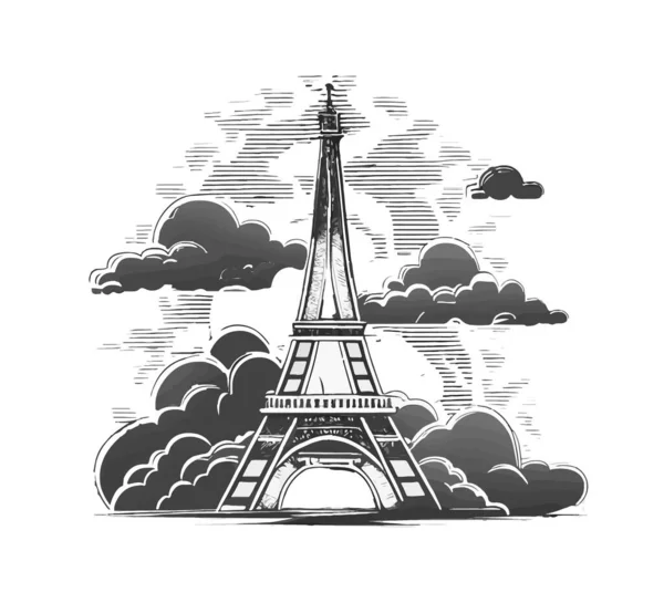 Paris City Line Style Illustration Famous Eiffel Tower Clouds Vector — Stock Vector