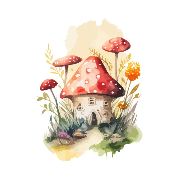 Watercolor Hand Drawn Mushroom House Vector Illustration Design — Stock Vector
