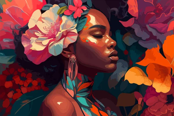 Krásná Africká Žena Květinách Popisování Vektorové Ilustrace — Stockový vektor
