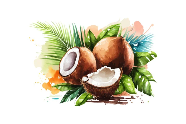 Aquarell Kokosnuss Auf Weißem Hintergrund Vektorillustration — Stockvektor