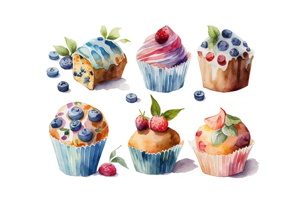 Aquarela Muffins Isoladas Desenho Ilustração Vetorial — Vetor de Stock