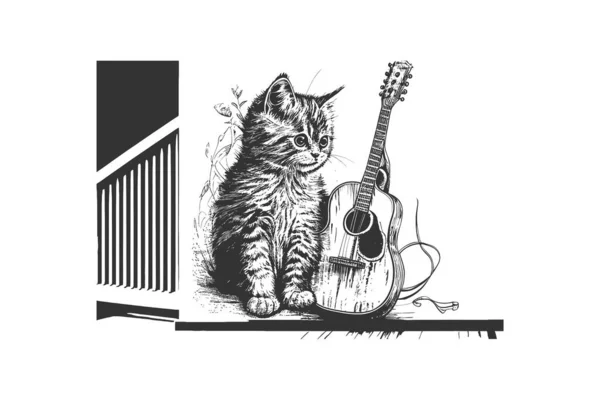 Gato Com Uma Guitarra Desenho Ilustração Vetorial — Vetor de Stock