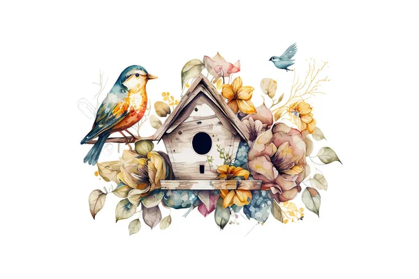 Casa Aves Con Flores Aves — Vector de stock
