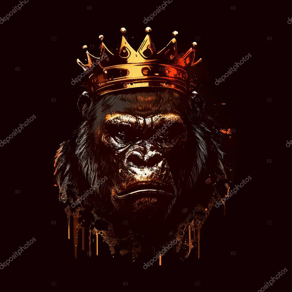 Fierce gorilla with a crown on his head illustration. Vector desing.