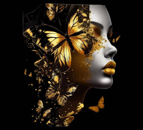 美丽的女人有着迷人的金色嘴唇和蝴蝶 矢量图解绘制 — 图库矢量图片